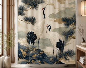 Japanese Crane Shower Curtain, Elegant Pine Branches, Asian Zen Bathroom Decor