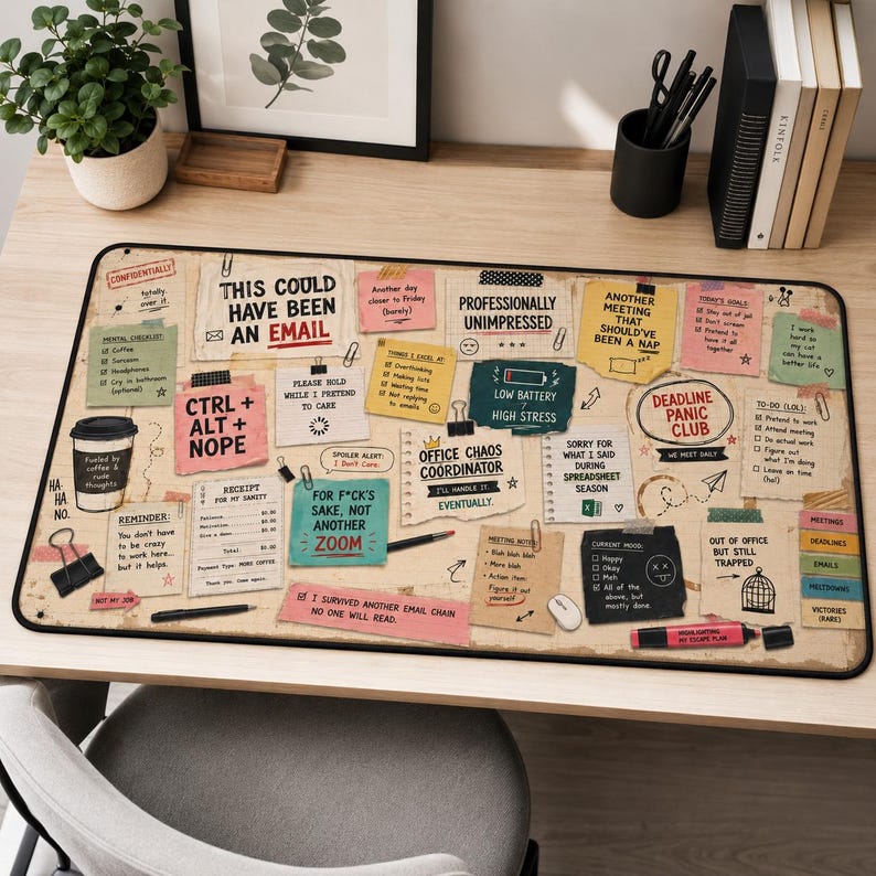 May include: A rectangular desk mat featuring a collage of office-themed sticky notes, checklists, and humorous text such as 'This could have been an email', 'Deadline Panic Club', and 'Office Chaos Coordinator' on a light tan background.
