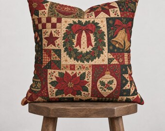 Christmas Wreath Patchwork Style Pillowcase | Square Pillowcase