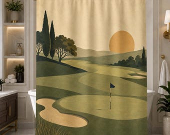 Vintage Golf Course Shower Curtain, Minimalist Sport Bath Decor