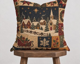 Snowy Village Patchwork Pattern Christmas Pillowcase