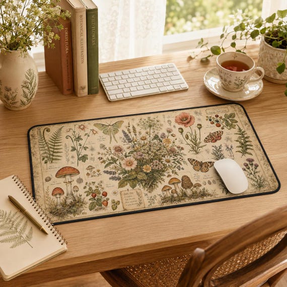 Botanical Desk Mat, Cottagecore Field Guide, Mushroom Floral Mouse Pad, Nature Office