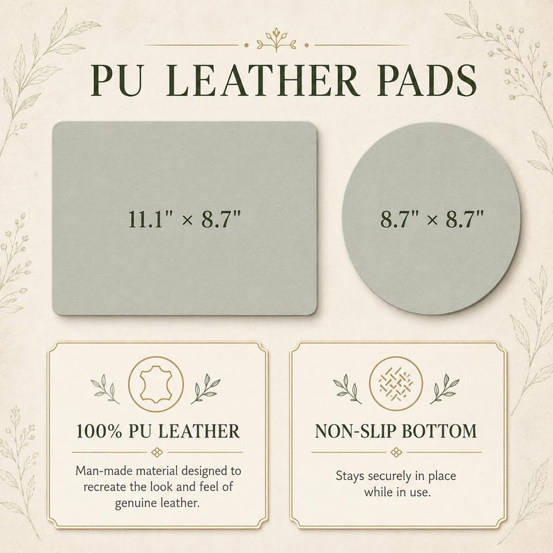 May include: Two sage green PU leather pads, one rectangular measuring 11.1 inches by 8.7 inches and one circular measuring 8.7 inches by 8.7 inches. Text indicates 100% PU leather material and a non-slip bottom for secure placement during use.
