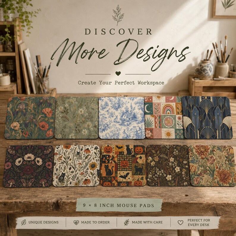 May include: Ten rectangular mouse pads arranged in two rows, each featuring distinct patterns including floral, botanical, toile, geometric, and Halloween themes. A label at the bottom states 9 x 8 inch mouse pads, with text above reading DISCOVER More Designs.