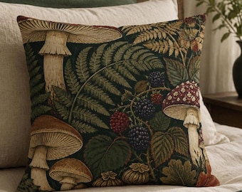 Mushroom and Fern Pattern Pillowcase | Botanical Forest Blackberry Print