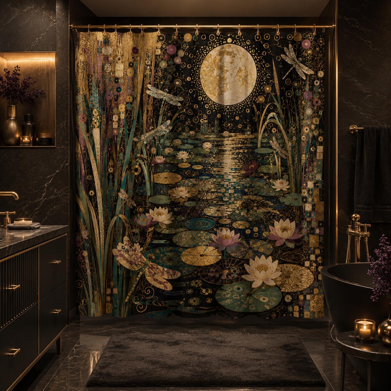 Klimt Inspired Moonlit Pond Shower Curtain, Gold Water Lily Dragonfly Art Nouveau (71" x 74")