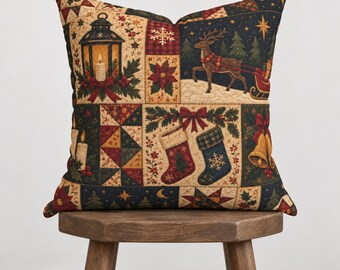 Patchwork Style Christmas Motifs Pillowcase | Holiday Throw Pillowcase