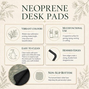 May include: An informational graphic titled NEOPRENE DESK PADS featuring five sections: Vibrant Colours, Multifunctional Use, Easy to Clean, Hemmed Edges, and Non-Slip Bottom. It includes icons, descriptive text, and a circular inset showing the pad.