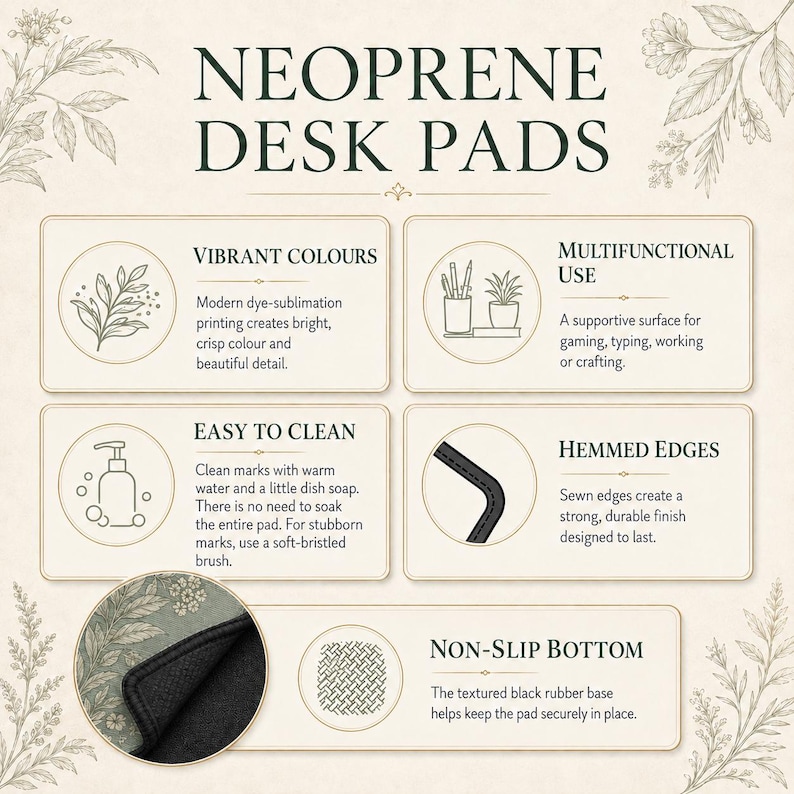 May include: An informational graphic titled NEOPRENE DESK PADS featuring five sections: Vibrant Colours, Multifunctional Use, Easy to Clean, Hemmed Edges, and Non-Slip Bottom. It includes icons, descriptive text, and a circular inset showing the pad.