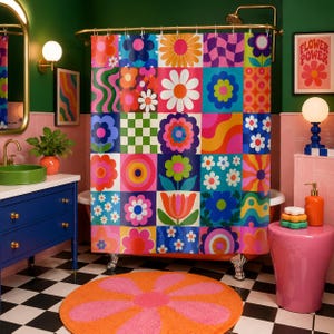 May include: A shower curtain featuring a vibrant patchwork grid of colorful retro-inspired patterns, including various floral designs, checkered squares, and wavy lines in shades of orange, pink, blue, green, and yellow, hanging on a gold rod.