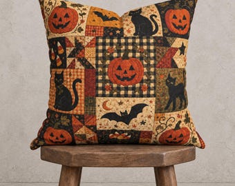 Patchwork Style Halloween Pillow Cover, Vintage Pumpkin Ghost Black Cat Autumn Decor