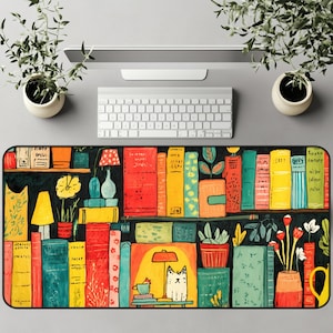 Desk Mat - Cute Bookcase, Office Desk Accessory, Work from Home Decor, Reading Nook Mouse Pad, Gift for Booklovers Teacher Gift