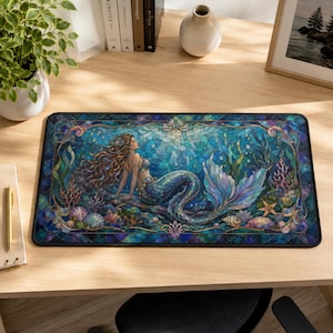 Skrivbordsmatta i målat glas med sjöjungfrumotiv, musmatta med havsfantasi, kustinredning för kontoret (16x32)