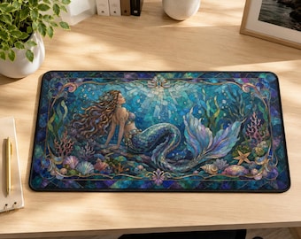 Alfombrilla de escritorio con diseño de sirena en vidrieras, alfombrilla de ratón con temática oceánica, decoración de oficina con estilo costero (16x32)