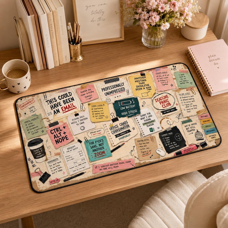 May include: A rectangular desk mat featuring a collage of office-themed sticky notes and memos with humorous text like This Could Have Been An Email, Office Chaos Coordinator, and Deadline Panic Club, printed in various colours on a beige background.