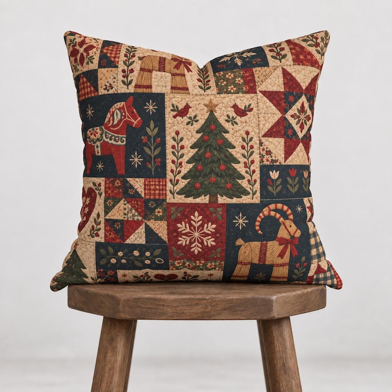 May include: A square throw pillow featuring a patchwork design with a holiday theme. The fabric displays illustrations of a red Dala horse, a decorated Christmas tree, a tan goat, stars, snowflakes, hearts, and floral patterns in red, green, and tan.