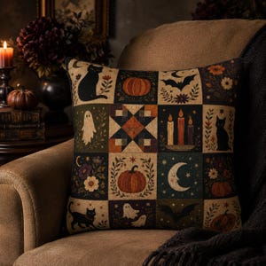 Può includere: Un cuscino quadrato con un motivo a griglia che presenta varie illustrazioni a tema Halloween, tra cui gatti neri, zucche, fantasmi, pipistrelli, una luna crescente e candele accese su uno sfondo scuro e testurizzato.