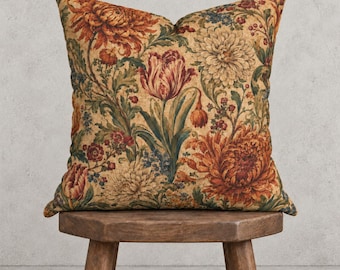 Floral Tapestry Pillow Cover, Chrysanthemum Tulip Design, Traditional Home Decor