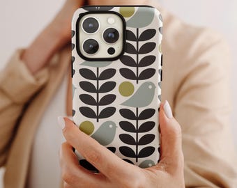 Custodia per telefono con motivo uccelli scandinavi: design nordico moderno, compatibile con MagSafe, resistente, chiusura a scatto.