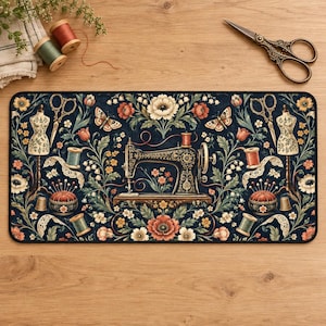 May include: A rectangular desk mat featuring a dark blue background with a central vintage sewing machine surrounded by floral patterns, butterflies, dress forms, spools of thread, pincushions, scissors, and lace trim elements.