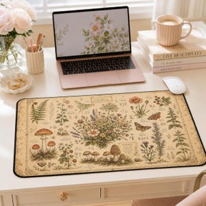 Botanisk skrivbordsmatta, Cottagecore fältguide, Musmatta med svampblommor, Naturkontor bild 2