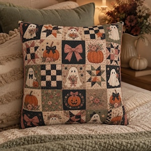 Puede incluir: Un cojín cuadrado con un diseño de patchwork que presenta varios bloques estampados. El patrón incluye ilustraciones de fantasmas sosteniendo flores, calabazas naranjas, lazos rosas, cuadros y motivos de estrellas en tonos otoñales.