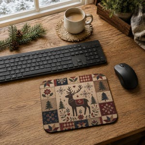 Folk Patchwork Reindeer Mouse Pad | Rustic Christmas Deer Pattern- 9" x 8"