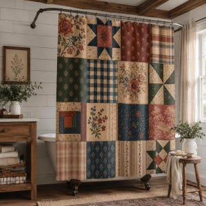 Heritage Patchwork Style Shower Curtain, Vintage Quilt Floral Farmhouse Bathroom Decor 71x74