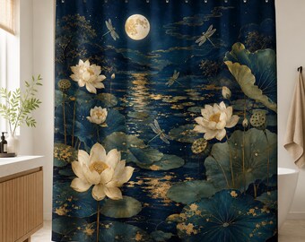 Dark Blue Lotus Moonlit Pond Shower Curtain, Japanese Zen Floral Bath Decor