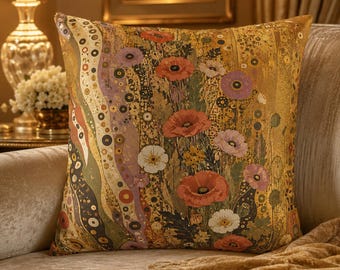 Klimt Inspired Poppy Pillow Cover, Art Nouveau Floral Cushion, Luxury Gold Decor