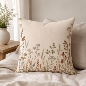 Op de afbeelding: Een vierkant sierkussen met een gebroken witte stoffen hoes voorzien van gedetailleerd borduurwerk van diverse wilde bloemen en grassen in gedempte tinten bruin, groen en crème, gerangschikt langs de onder- en zijkanten van het kussen.