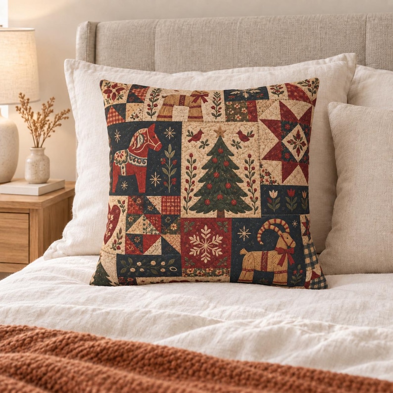 May include: A square throw pillow featuring a patchwork design with a dark blue, red, and cream color palette. The pattern includes illustrations of a red Dala horse, a green Christmas tree, a tan goat, a large red star, and snowflakes.