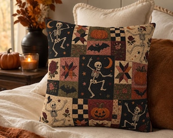 Halloween Patchwork Style Pillow Cover, Vintage Quilted Pumpkin Ghost Black Cat Cushion