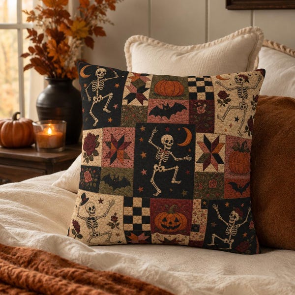 Halloween Patchwork Style Pillow Cover,  Quilted Pumpkin Ghost Black Cat Cushion