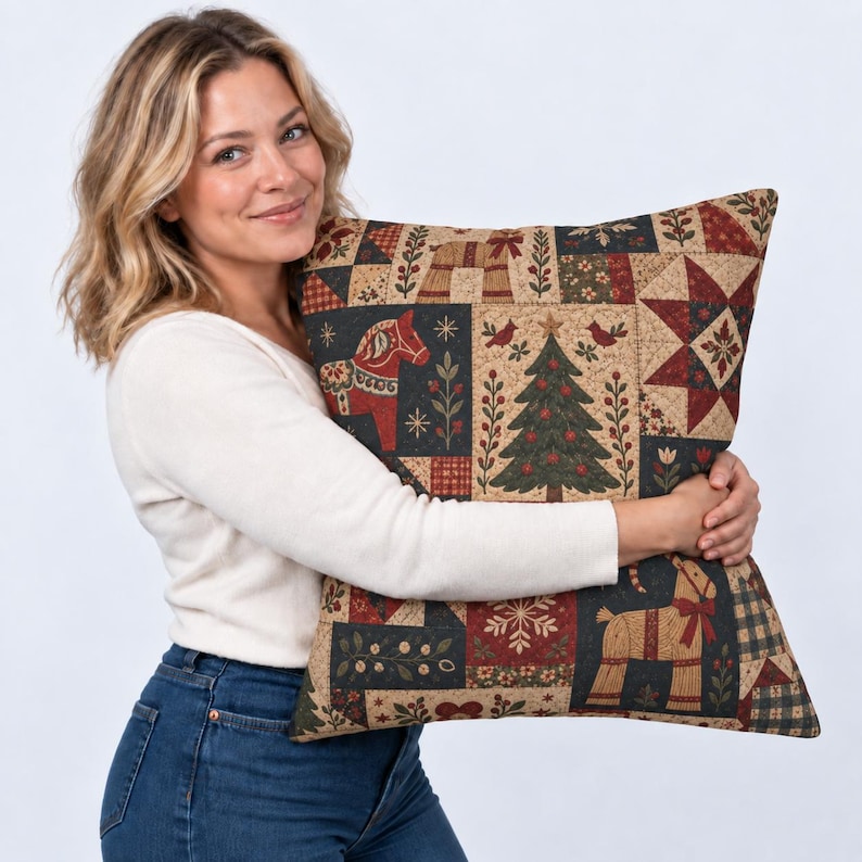 May include: A square throw pillow featuring a patchwork-style design with holiday motifs including a red Dala horse, a decorated Christmas tree, a star, and a reindeer. The fabric pattern incorporates shades of red, green, cream, and dark blue.