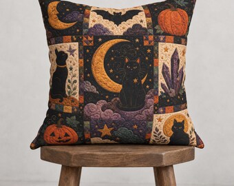 Black Cat Crescent Moon Patchwork Style pillowcase