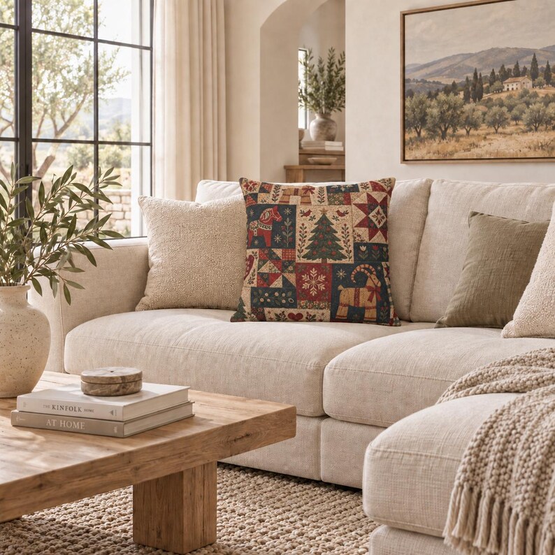 May include: A square throw pillow featuring a patchwork design with holiday motifs including a Dala horse, a Christmas tree, a goat, and geometric star patterns in shades of red, navy blue, green, and cream on a textured fabric surface.