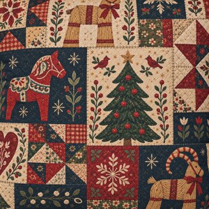 May include: A quilted fabric featuring a patchwork design with festive motifs including a red Dala horse, a green Christmas tree with red ornaments, straw-like goats, hearts, snowflakes, and geometric patterns in shades of red, navy blue, and cream.