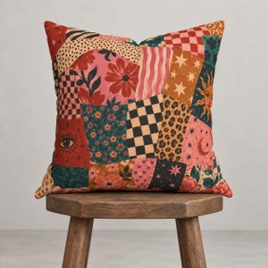 Boho Patchwork Print Pillow Cover, Pink Teal Rust Maximalist Cushion, Floral Checkerboard Sun and Moon Decor