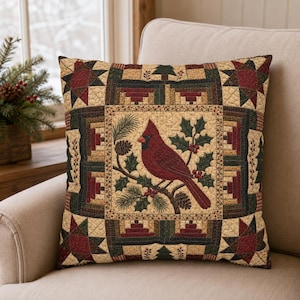 Peut inclure: Un coussin carré présentant un panneau central avec un cardinal rouge perché sur une branche de pin avec des feuilles de houx et des baies. La bordure se compose d'un motif patchwork dans des tons vert foncé, rouge profond et crème.