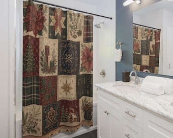 Rideau de douche à motif patchwork de Noël, imprimé style courtepointe à carreaux poinsettia et houx, décoration de salle de bain 71 x 74