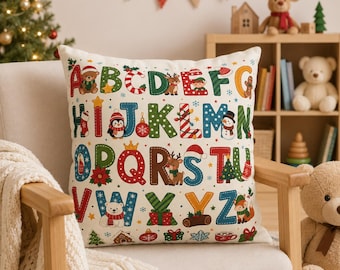 Christmas Alphabet Pillow Cover, Festive ABC Nursery Decor, Educational Learning Cushion