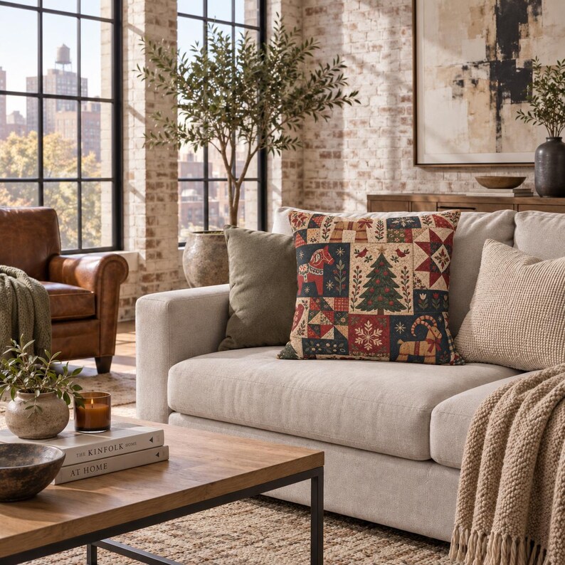 May include: A square throw pillow featuring a patchwork design with holiday motifs including a red Dala horse, a green Christmas tree, a tan goat, and geometric star patterns in shades of red, green, blue, and cream on a textured fabric.