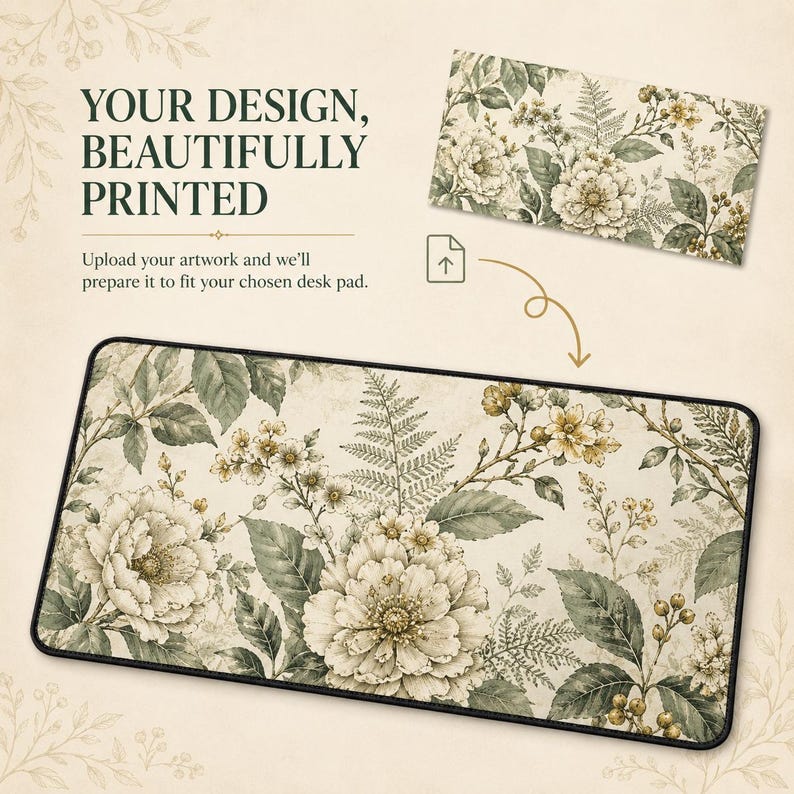 May include: A rectangular desk pad featuring a botanical print with cream, sage green, and muted gold flowers, leaves, and ferns. The text reads: YOUR DESIGN, BEAUTIFULLY PRINTED. Upload your artwork and we'll prepare it to fit your chosen desk pad.