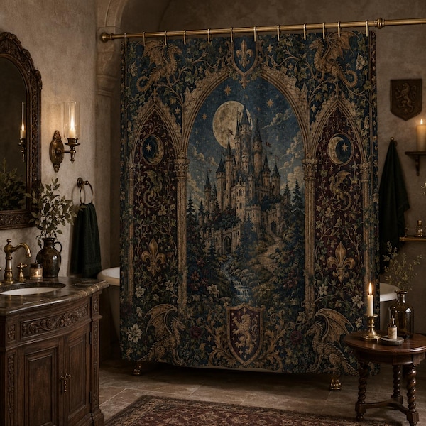 Castlecore Shower Curtain, Medieval Tapestry Bathroom Decor, Gothic Fantasy Castle Art