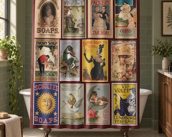 Tenda da doccia con collage di etichette di sapone vintage / Bagno in stile farmacia retrò