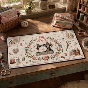 Peut inclure: Un tapis de bureau rectangulaire au fond crème, orné d'une illustration centrale de machine à coudre vintage entourée d'une couronne florale, de cœurs, de ciseaux, de bobines de fil, d'un pelote à épingles et d'un dé à coudre aux tons pastel.