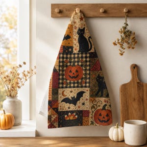 May include: A kitchen towel featuring a patchwork design with Halloween motifs including black cats, orange jack-o'-lanterns, bats, stars, and candy corn. The fabric displays a mix of checkered, floral, and solid patterns in autumn colors.