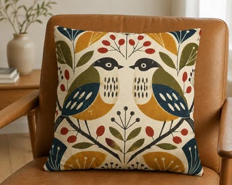 Folk Bird Pattern Pillowcase | Retro Floral Throw Pillowcase