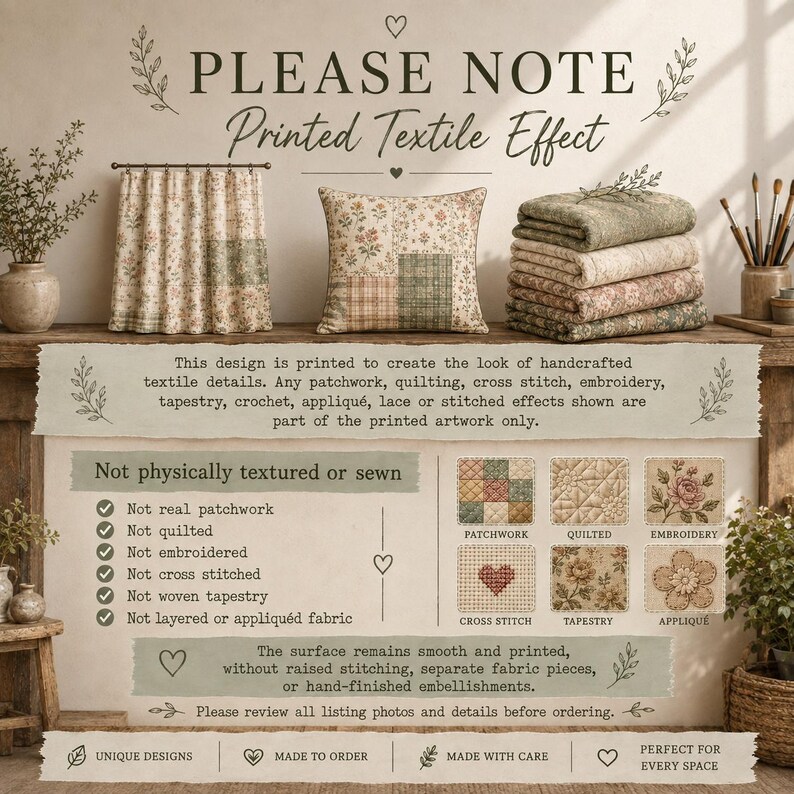 May include: An informational graphic displaying a curtain, a square pillow, and a stack of folded textiles. The text states: PLEASE NOTE Printed Textile Effect. It clarifies that the designs are printed and not physically textured or sewn.